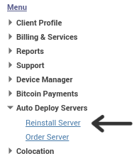 Screenshot of left hand menu, with an arrow pointing to the "Reinstall Server" option.